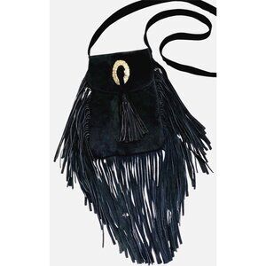 Black Suede Fringe Crossbody Bag - Boho Western Tassel Purse Festival Hippie Ind